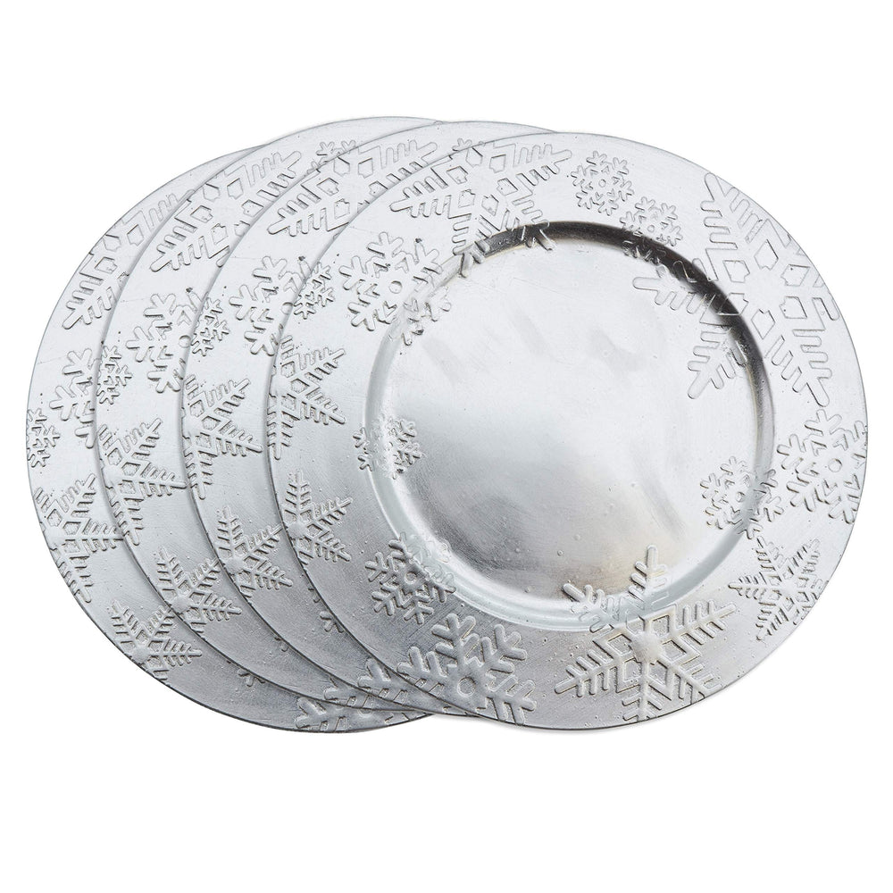 Embossed Winter Snowflake Design Charger Plate - Set Of 4 Pcs Silver Round - Diamond Home USA