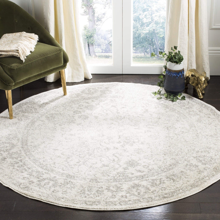 Distressed Style Circular Rug 4'0" Indoor Neutral Ivory Silver Oriental - Diamond Home USA