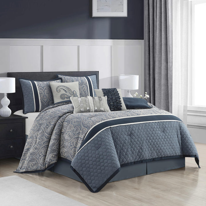 Stratford Park Perfect Paisley 7 Piece Comforter Set Navy/Blue/White Bed Size Queen
