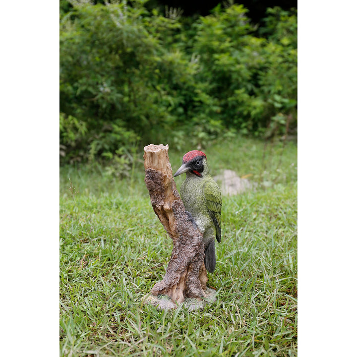 Woodpecker On Stump Statue Multi Color Animals Polyresin