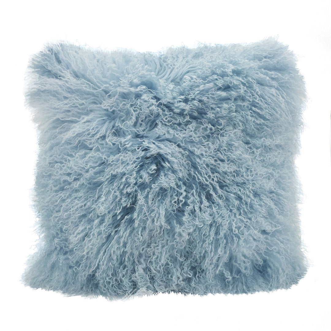 SARO LFESTYLE 100% Wool Mongolian Lamb Fur Throw Pillow with Poly Filling 20" 20 X 20 - Ice Blue