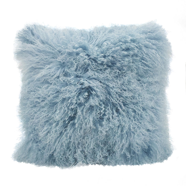 SARO LFESTYLE 100% Wool Mongolian Lamb Fur Throw Pillow with Poly Filling 20" 20 X 20 - Ice Blue