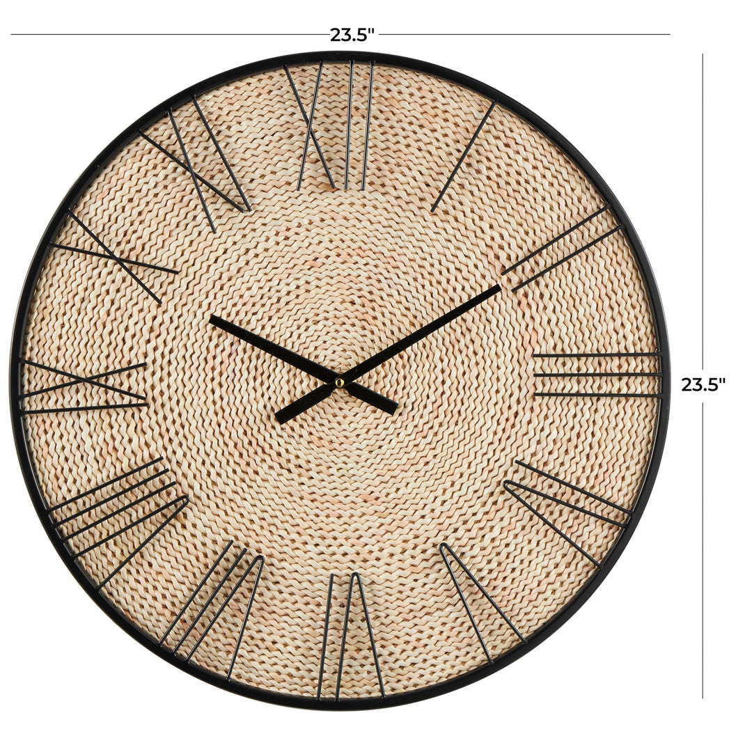 Brown Dried Plant Coiled Wall Clock with Black Metal Frame Rattan - Diamond Home USA