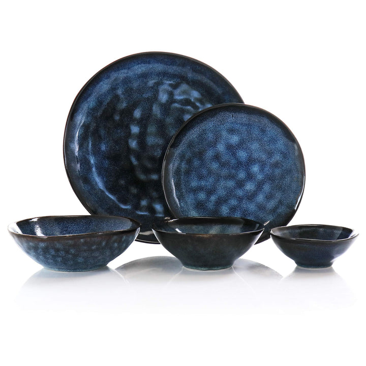 20 Piece Round Stoneware Triple Bowl Dinnerware Set in Blue Textured Casual - Diamond Home USA