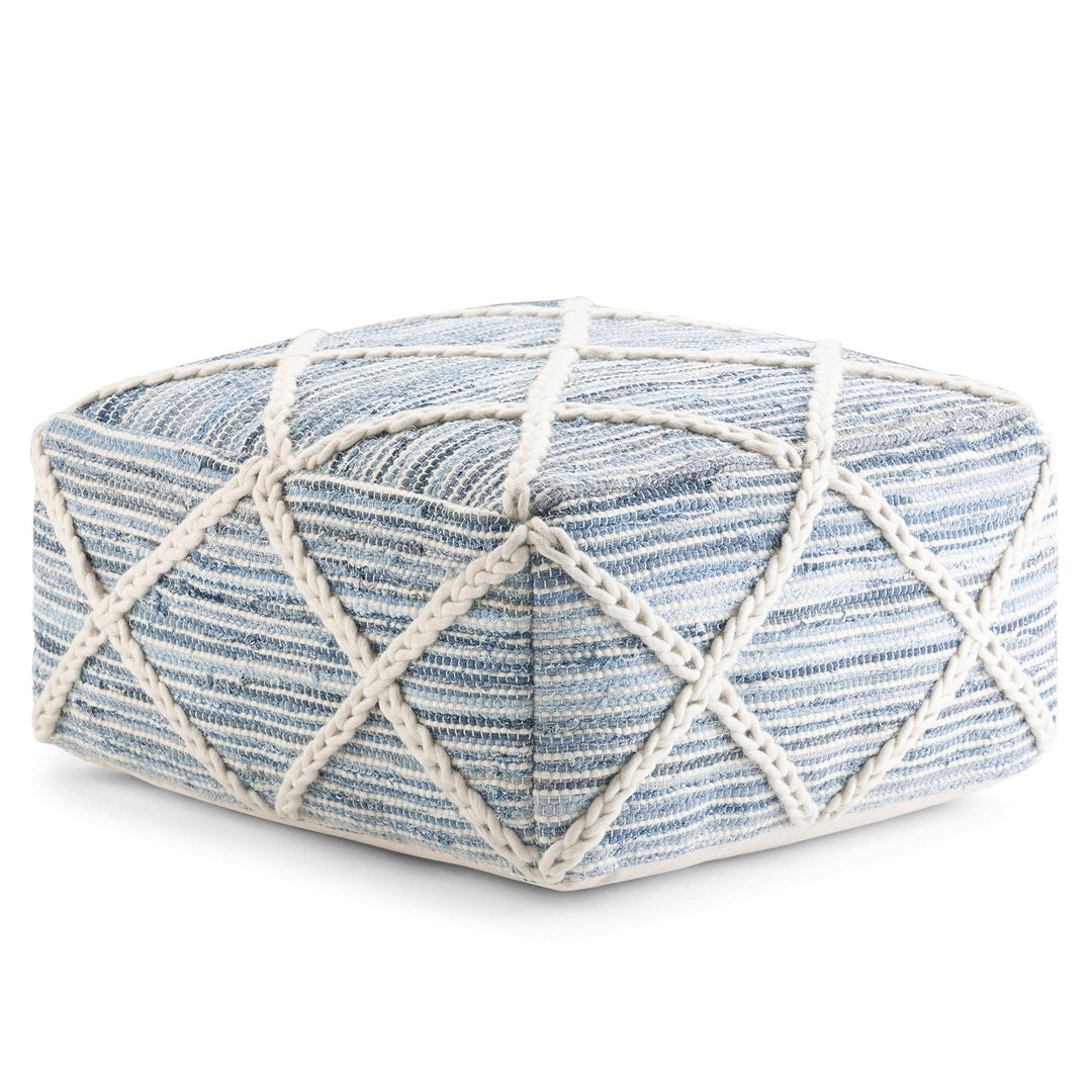 Square Pouf in Blue/Natural Handloom Woven Pattern Blue Geometric Modern