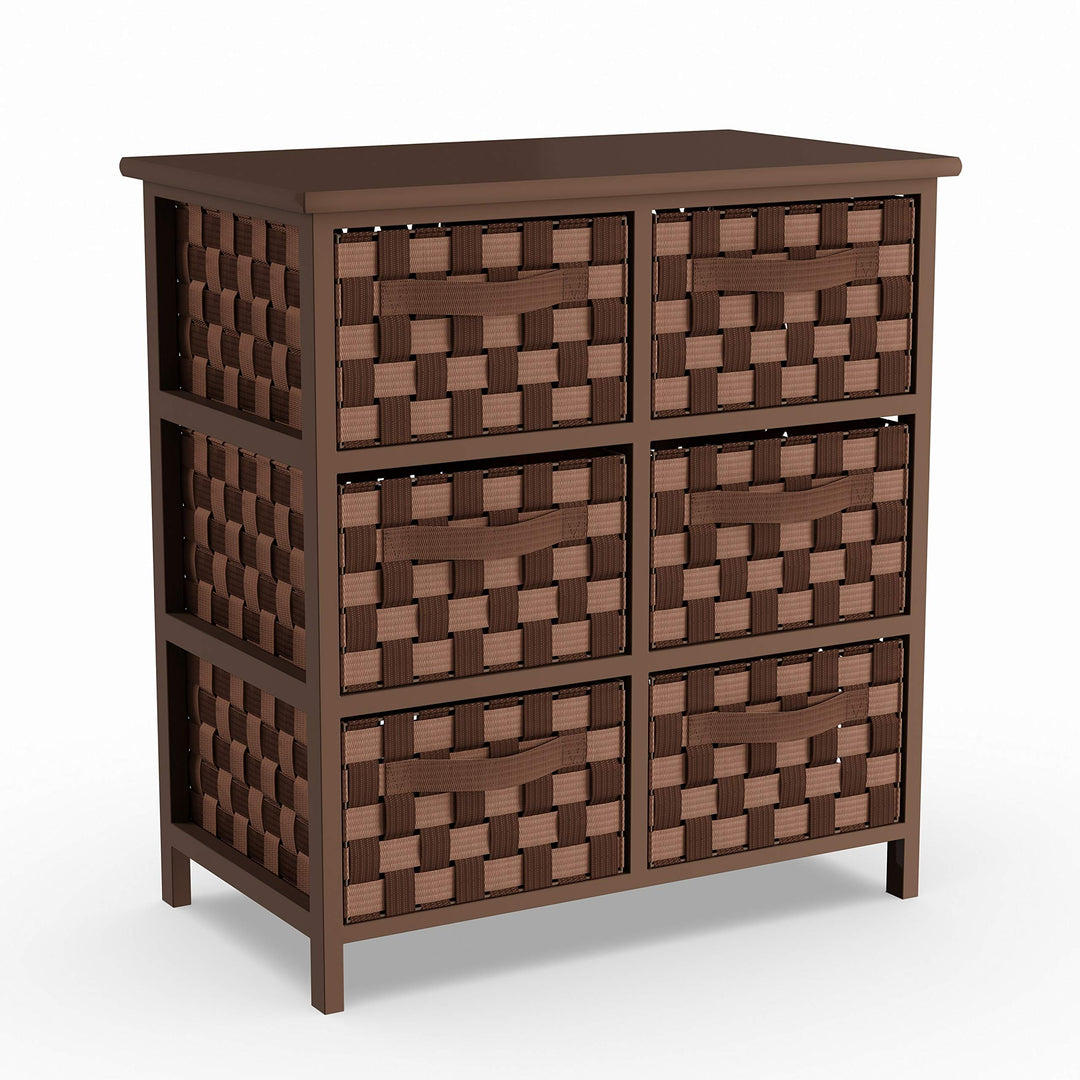 Woven Strap 6-Drawer Brown Chest Modern Contemporary Wood