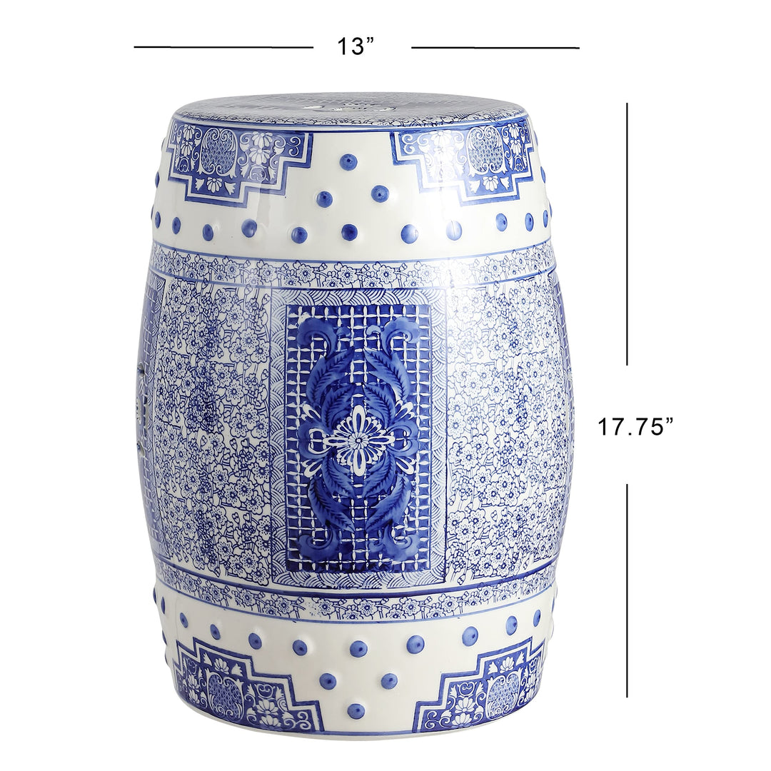 17.8" Chinoiserie Ceramic Drum Garden Stool Blue/White Blue White Bohemian - Diamond Home USA