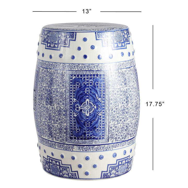 17.8" Chinoiserie Ceramic Drum Garden Stool Blue/White Blue White Bohemian - Diamond Home USA