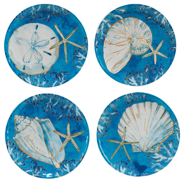 Shells 16-Piece Dinnerware Set Service for 4 Blue Gold White Coastal Casual - Diamond Home USA
