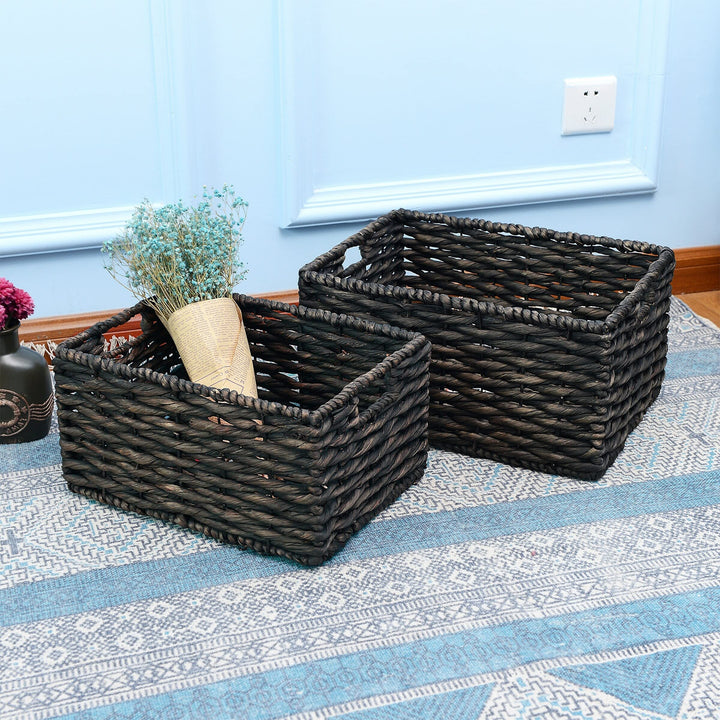 Set Of 2 Rectangle Handmade Twisted Wicker Baskets With Handles (Black) Black - Diamond Home USA