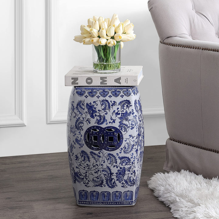 Floral Vine 18.5" Chinoiserie Square Garden Stool Blue/White Blue White Bohemian