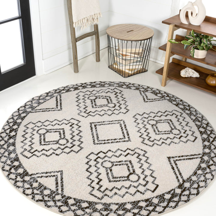 JONATHAN Y MOH200A-7R Amir Moroccan Beni Souk Area Rug Bohemian Scandinavian 7' Round - Cream/Black