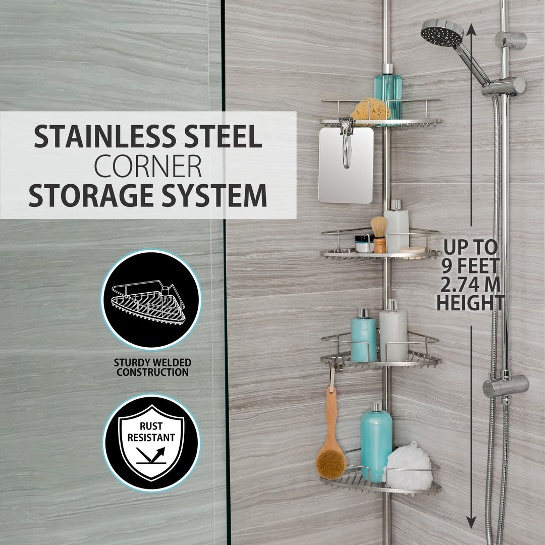 Better Living Products 13406 FINELINE Tension Shower Pole Caddy with Mirror - Diamond Home USA