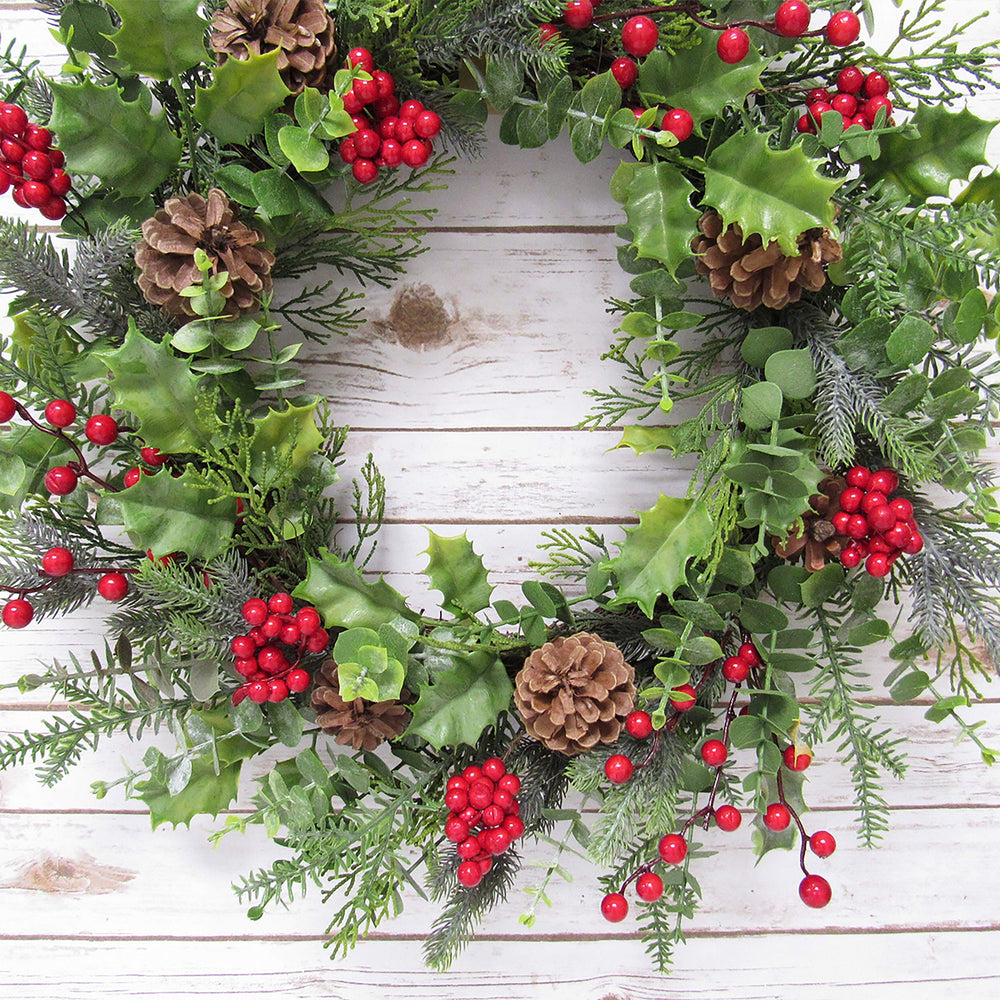 Mixed Berry Pine Cone Eucalyptus Wreath 24in Green Red 24" L X W 5.5" Dp Un-lit - Diamond Home USA