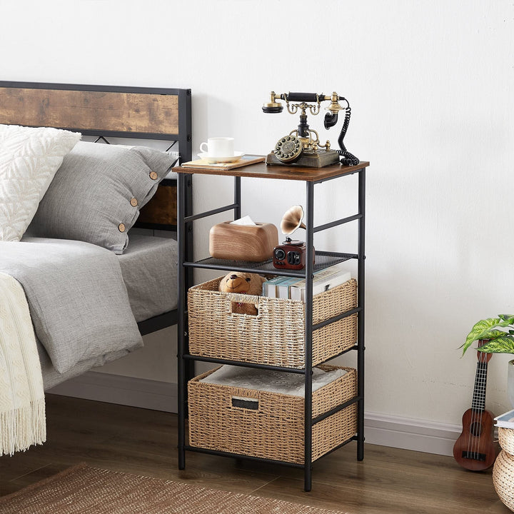 Industrial 4-Tier End Table with Mesh Shelves and 2 Wicker Storage Basket - Diamond Home USA