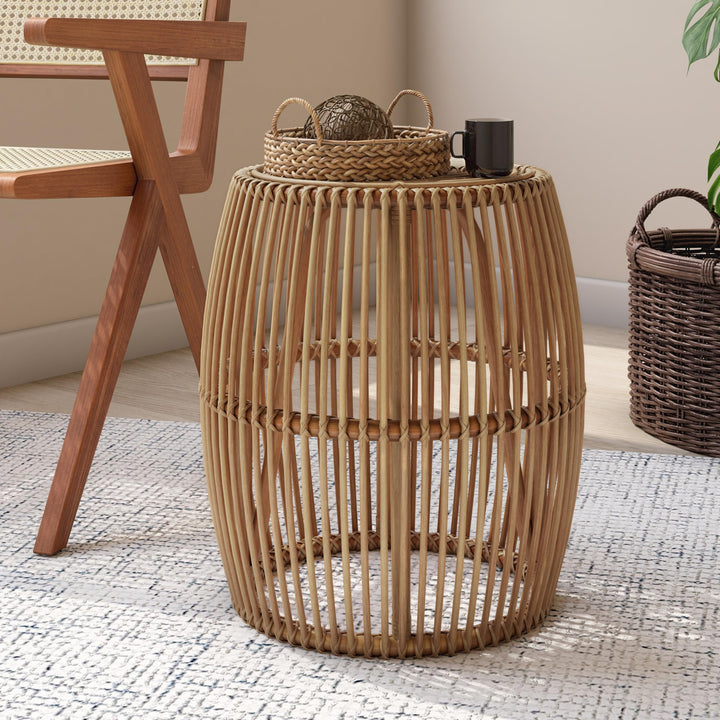 New Pacific Direct Keegan Round Rattan End Table Natural