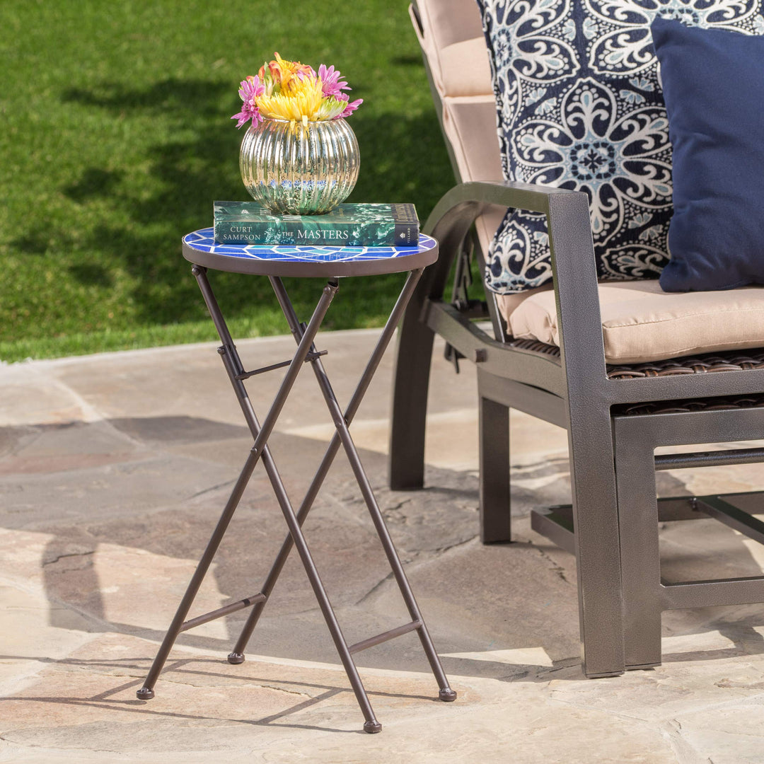 Christopher Knight Home Azure Outdoor Glass Side Table with Iron Frame Blue / - Diamond Home USA