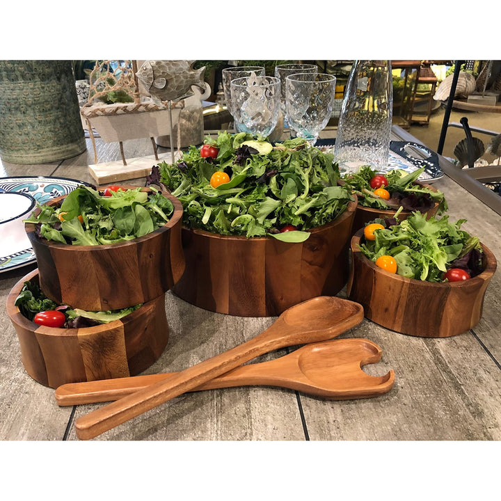 Large Salad Bowl With Serving Utensils And 4 Individuals Bowls Brown Wood 7 - Diamond Home USA