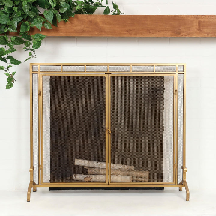 Gold Metal Geometric Single Panel Fireplace Screen with Latched Doors and Arched