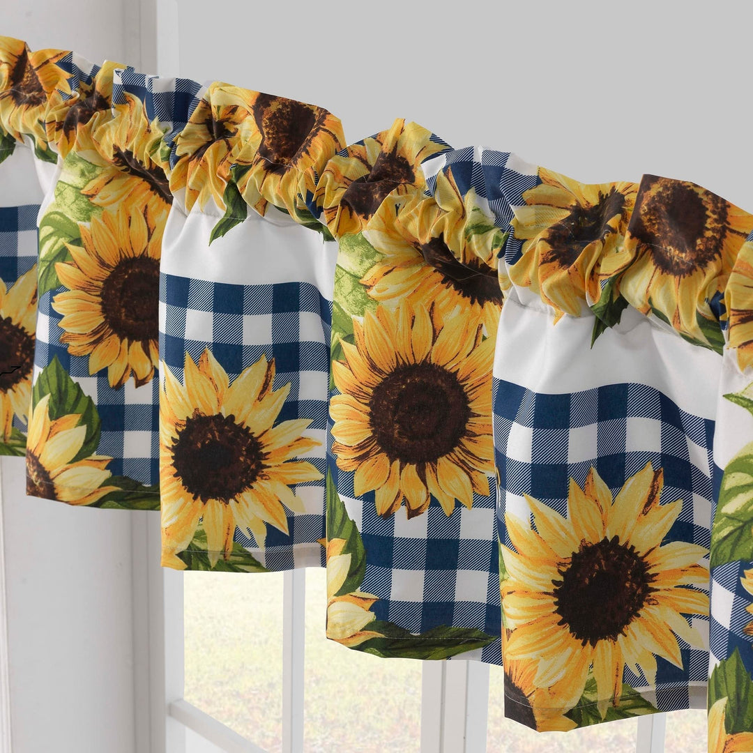 Sunflower Gingham Check Valance Gold Navy White Floral Bohemian Eclectic - Diamond Home USA