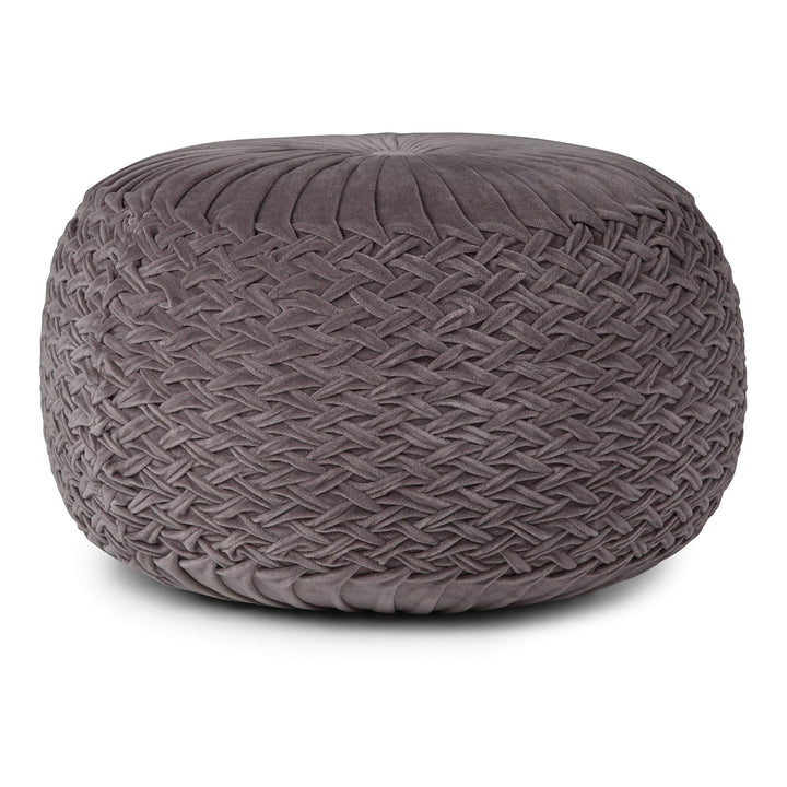 Transitional Round Pouf in Grey Velvet Traditional Solid Cotton Handmade - Diamond Home USA