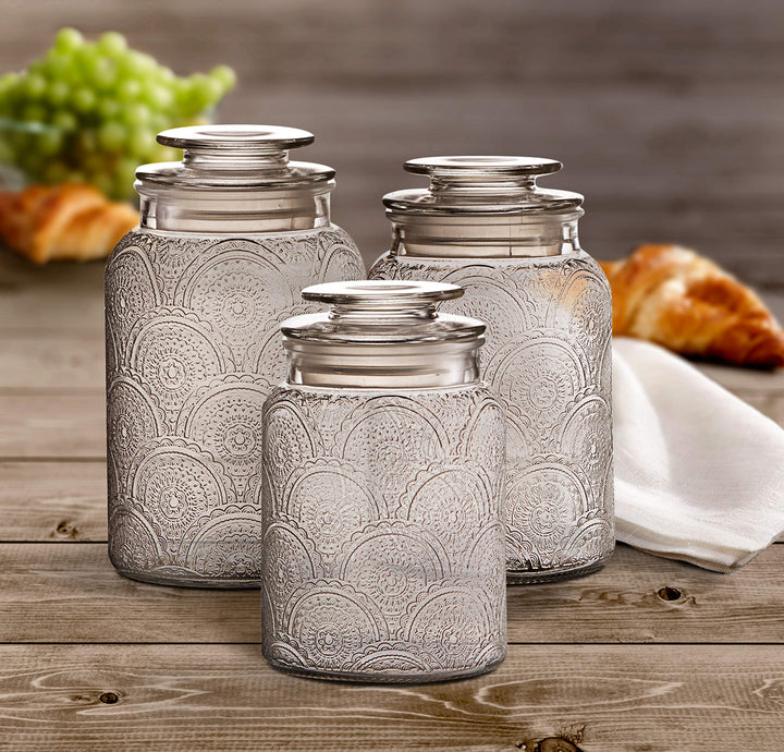 Style Setter Canister Set 3-Piece Glass Jars in 34oz 44oz & 54oz Retro Design - Diamond Home USA