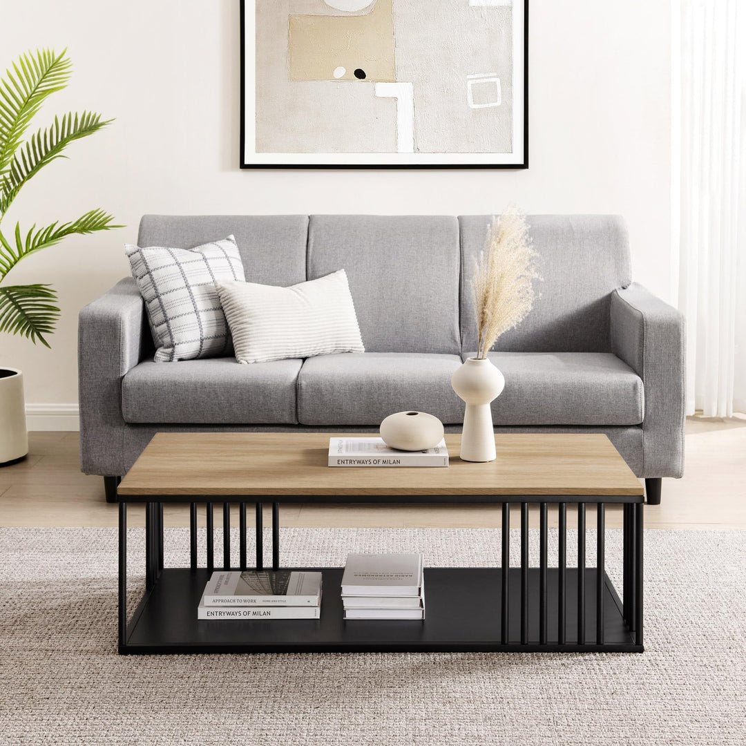 Contemporary Slatted-Metal Rectangle Coffee Table Natural Modern Rectangular MDF