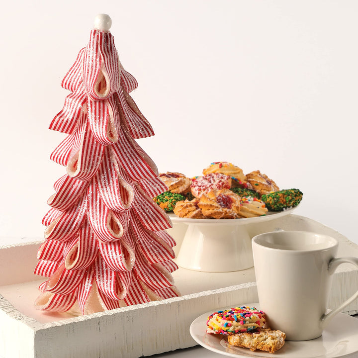 13.5" Iced Peppermint Candy Ribbon Tree Red Polyester Un-lit