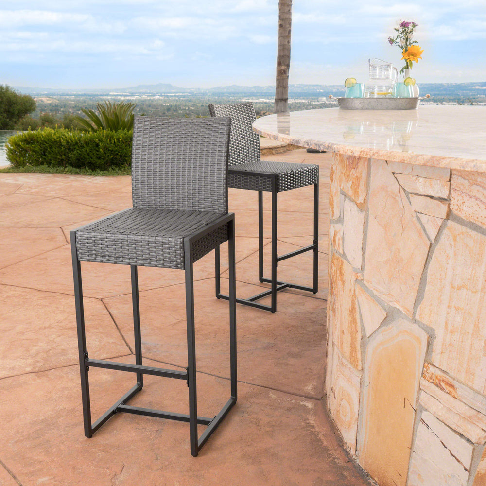 Christopher Knight Home Conrad Outdoor Wicker Barstools 2-Pcs Set Grey - Diamond Home USA