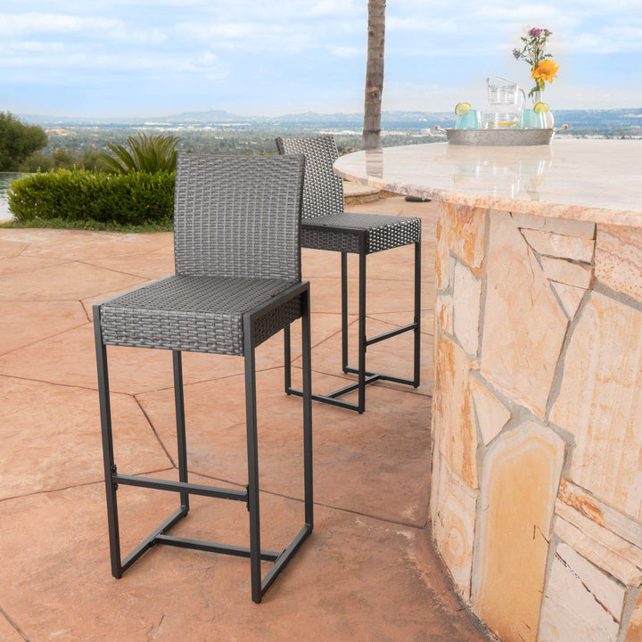 Christopher Knight Home Conrad Outdoor Wicker Barstools 2-Pcs Set Grey - Diamond Home USA