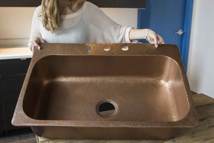 Sinkology SK101-33AC Angelico Drop-In 33-inch 3-Hole Single Bowl Copper - Diamond Home USA