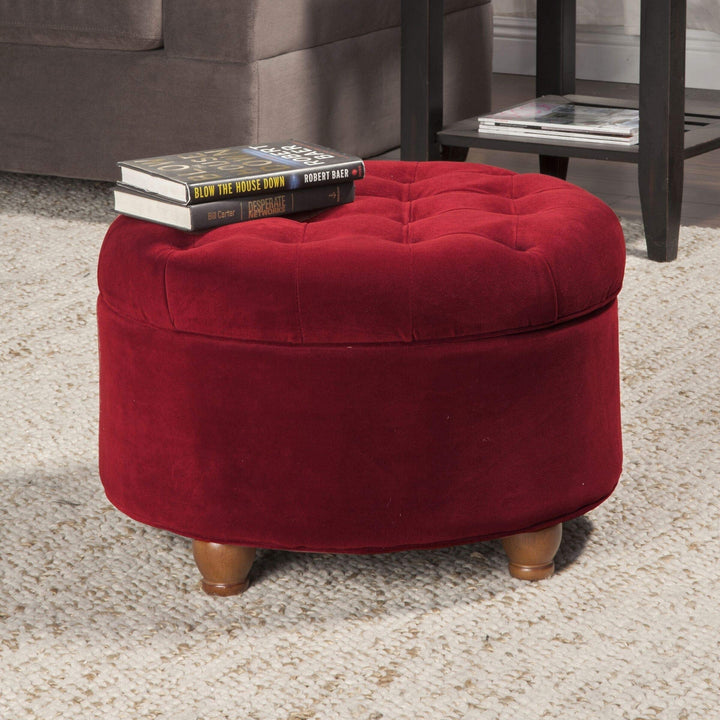 Button Tufted Velvet Berry Round Storage Ottoman Red Solid Glam Wood
