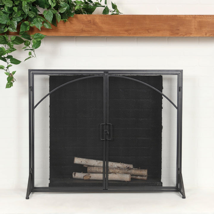 Black Metal Minimalistic Single Panel Fireplace Screen with Arch Inspired