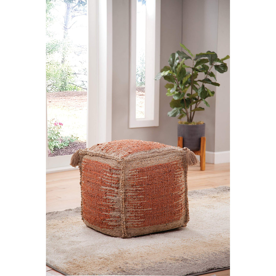 Handwoven Jute Pouf Red Moroccan Bohemian Eclectic Pattern Square Cotton Wool