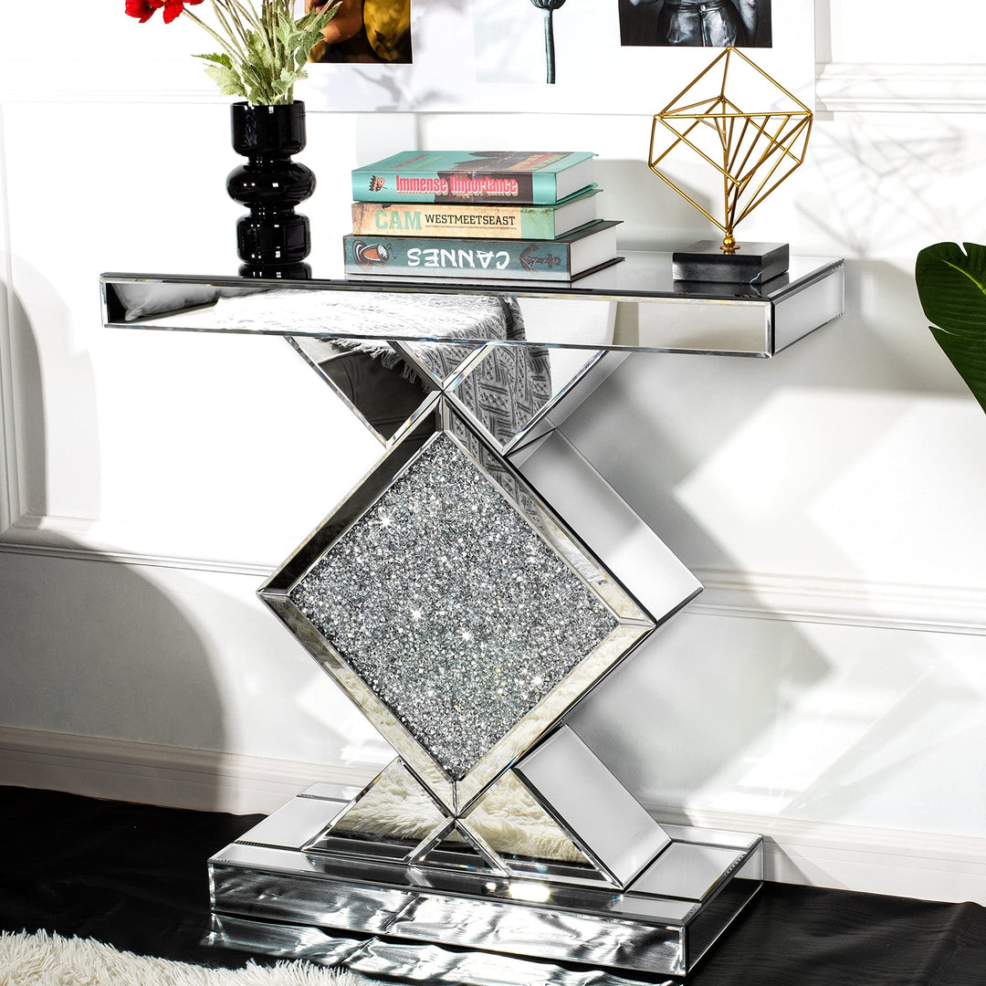 Contemporary Mirrored Console Table Silver Glam Rectangular Glass MDF Glossy - Diamond Home USA