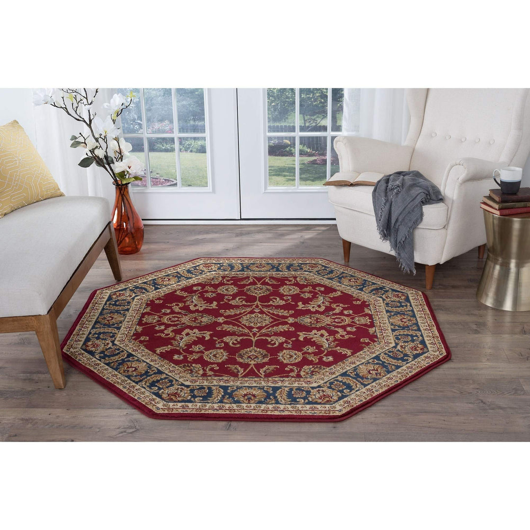 Traditional Octagon Rug 5'3" x 5'3" Red Octagon Mat Blue Accent Border - Diamond Home USA