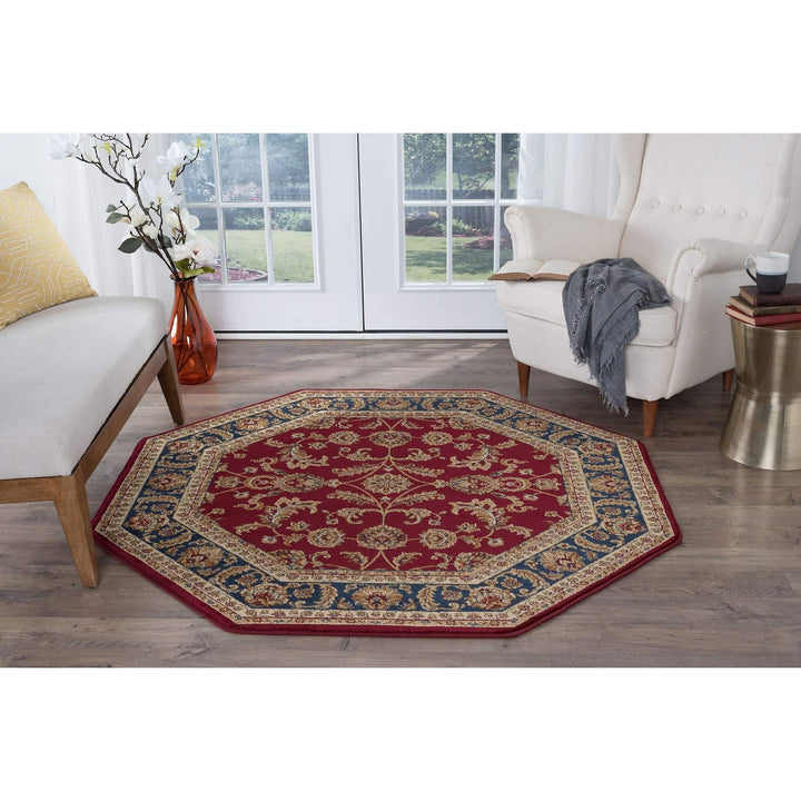 Traditional Octagon Rug 5'3" x 5'3" Red Octagon Mat Blue Accent Border - Diamond Home USA
