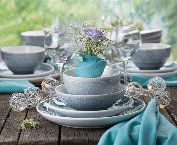 Euro Ceramica Fez 16 Piece Double Bowl Stoneware Mandala Pattern Design Grey - Diamond Home USA