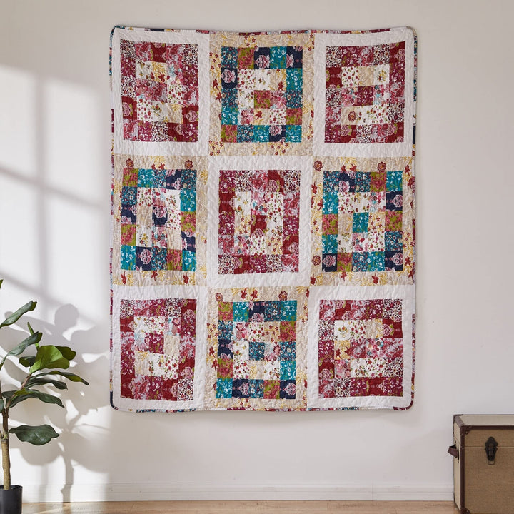 Quilted Throw Blanket Blue Patchwork Cottage Mid-Century Modern Traditional - Diamond Home USA