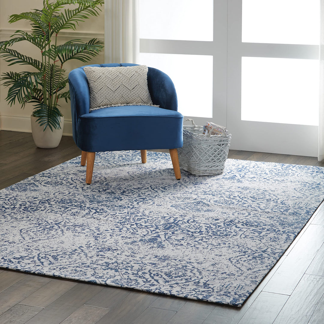 Nourison Damask Vintage Ivory/Navy 6' x 9' Area Rug Easy Cleaning Non Shedding - Diamond Home USA