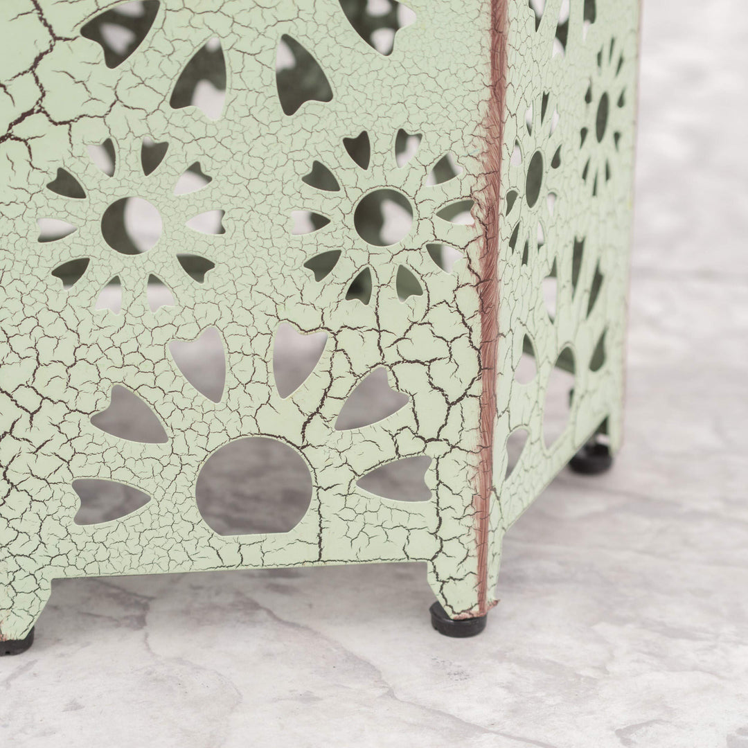 Crackle Green Iron Side Table Hexagon Outdoor Table for Patio Floral Cut Out - Diamond Home USA