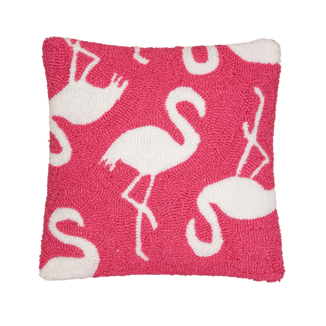 Flamingo Hooked 15x15 Throw Decorative Accent Pillow Pink White Embroidered