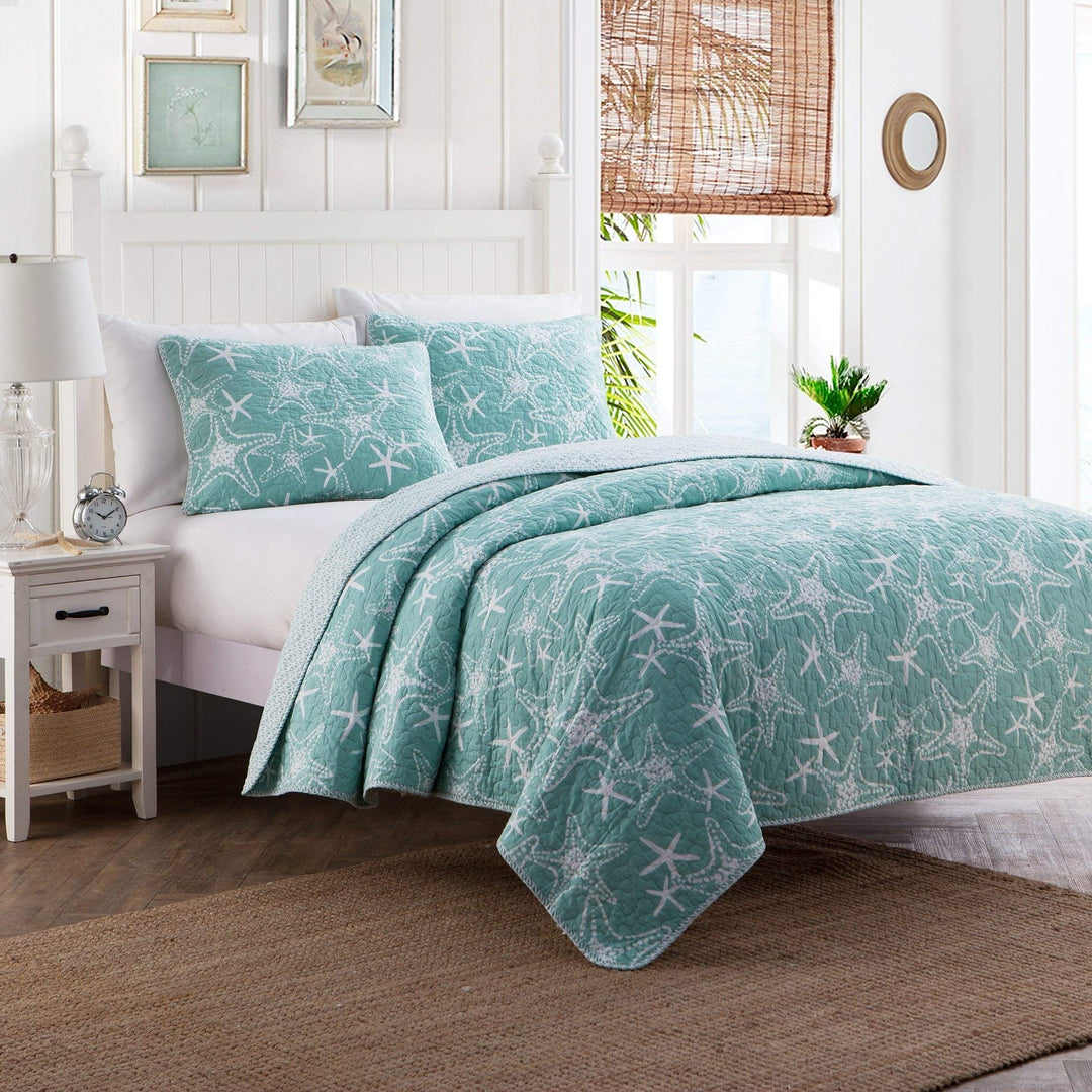Blue White Starfish Quilt Full/Queen Set Nautical Star Fish Bedding Tropical Full - Queen