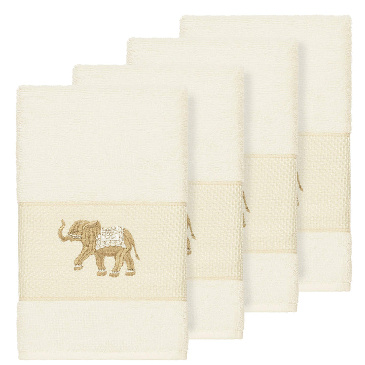 Turkish Cotton Elephants Embroidered Cream 4-Piece Hand Towel Set Cream Terry