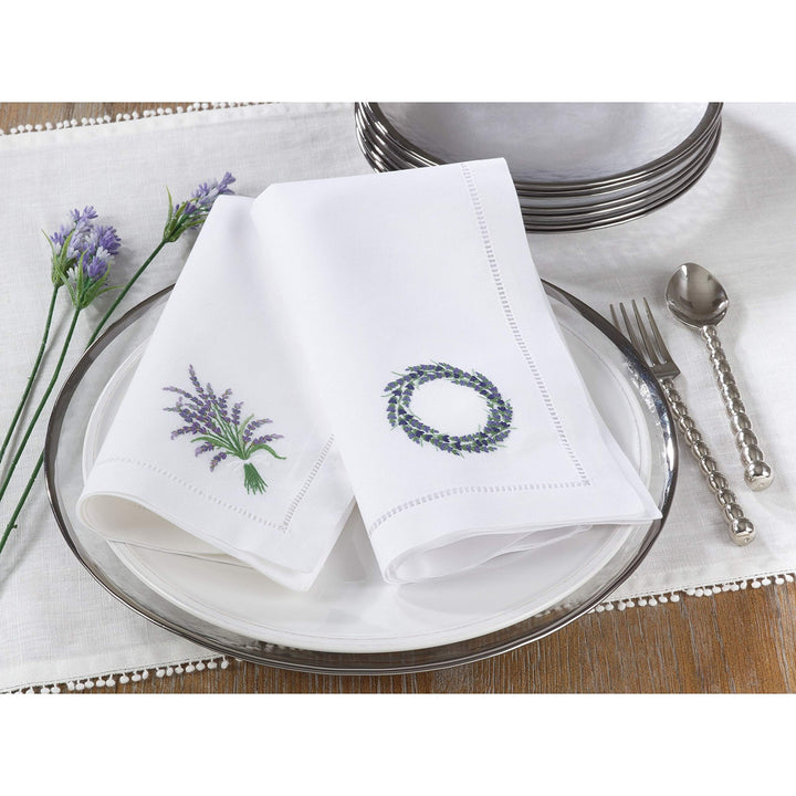 Table Napkins with Hemstitch Border and Lavender roidery (Set of 6) White - Diamond Home USA