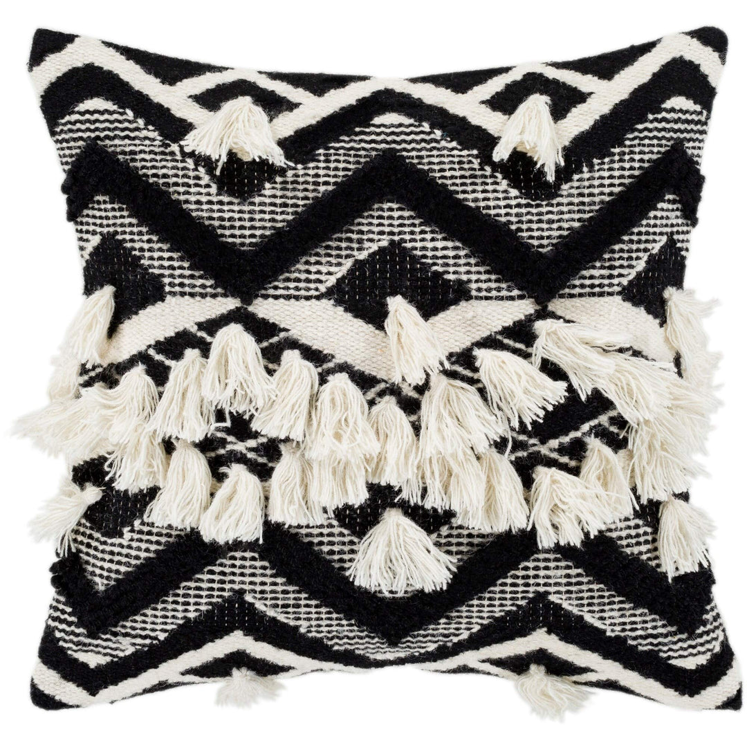 Black Cream Bohemian Tassel Throw Pillow Cover (20" X 20") Cream Textured
