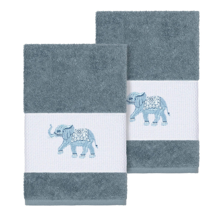 Turkish Cotton Elephants Embroidered Teal Blue 2-Piece Towel Hand Set Cloth