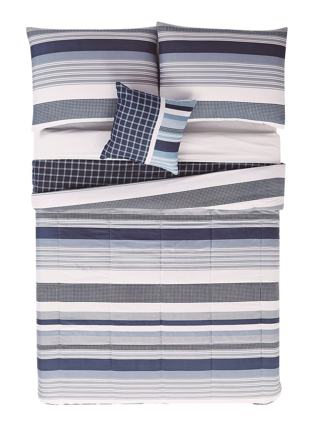 My World Mason Stripe Quilt Set with Bonus Decorative Pillow Full Blue White - Diamond Home USA