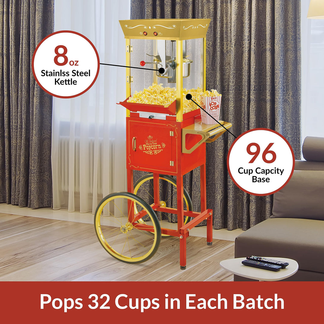 Nostalgia Popcorn Maker Machine - Professional Cart With 8 Oz Kettle Makes Up to