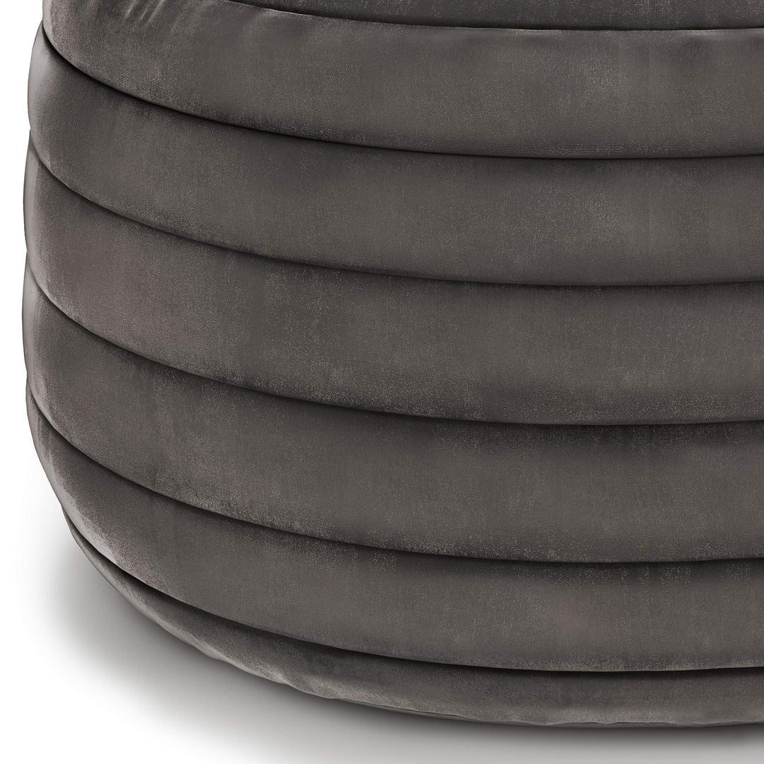 SIMPLIHOME Vivienne Boho Round Pouf in Grey Velvet Footstool Footrest